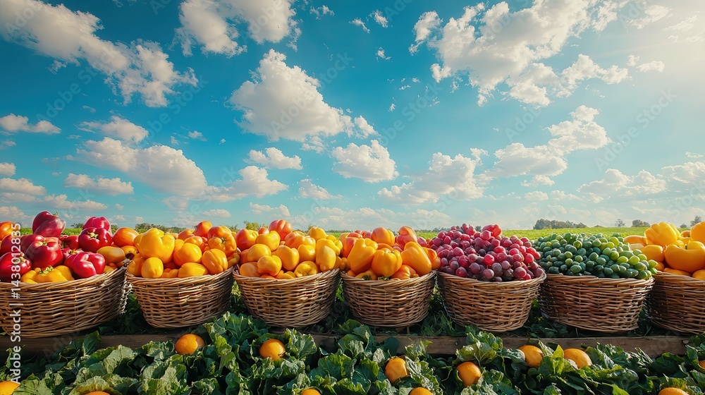 Fototapeta premium Farm-to-table fresh farmers harvest Colorful fruits in baskets under a bright sky with clouds.