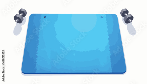 Vibrant blue workout mat with dumbbells on white background, fitness focus