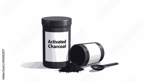 Sleek activated charcoal container with powder spill, minimalist design