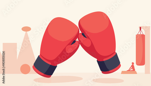 Dynamic red boxing gloves in minimal gym setting, energy and strength