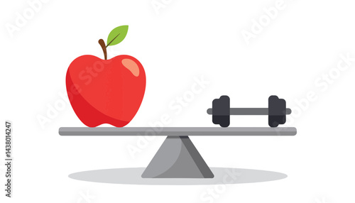 Balanced scale with red apple and dumbbell, symbolizing health choices