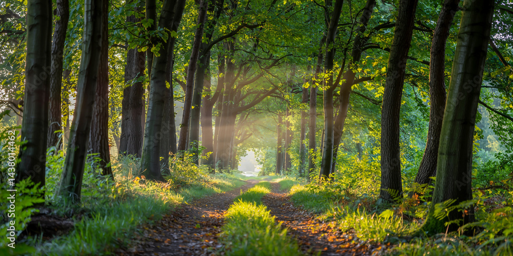 Fototapeta premium A serene forest path photograph with bright sunlight streaming through the canopy, creating a natural spotlight effect
