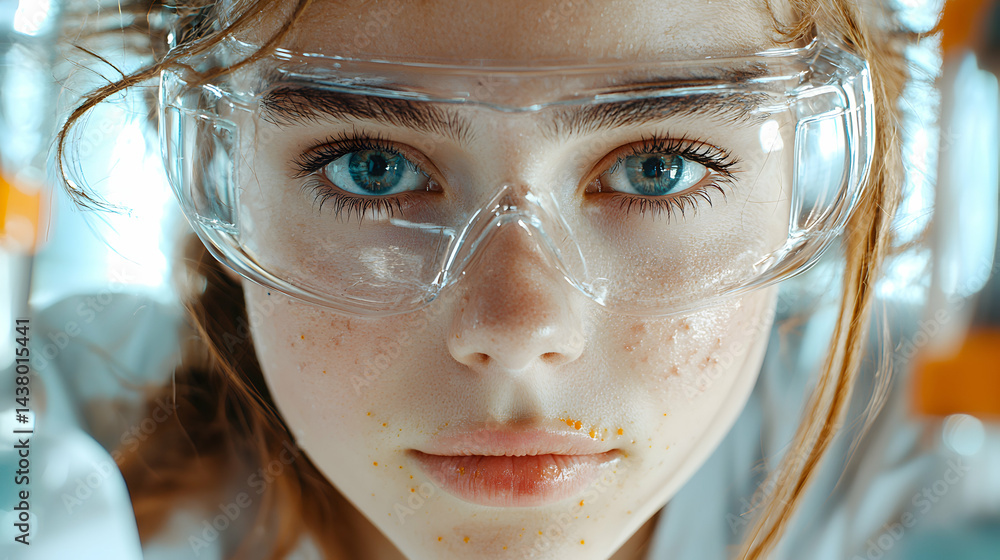 A close-up shot of a person wearing safety goggles. The image captures a detailed view of their face emphasizing the eyes and freckles. Apply it to science lab safety materials A close-up shot of a person wearing safety goggles. The image captures a detailed view of their face emphasizing the eyes and freckles. Apply it to science lab safety materials