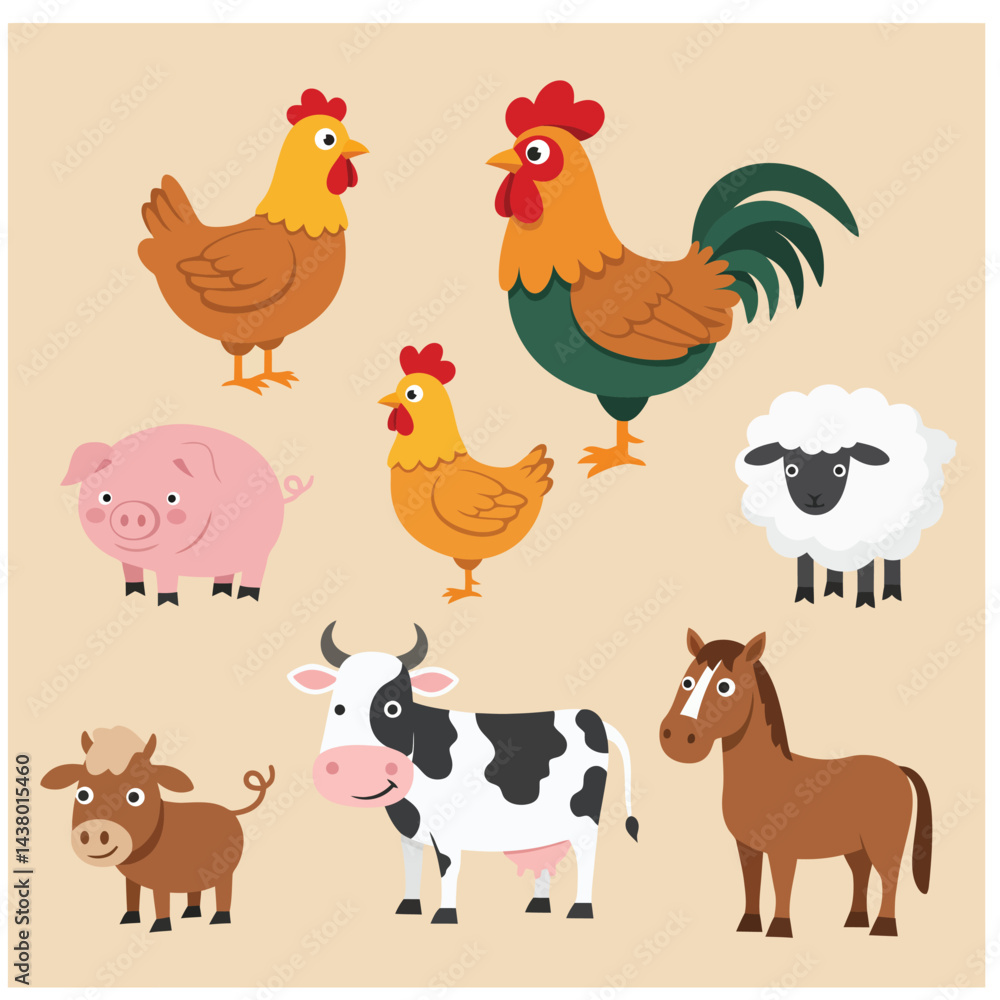 Farm animals set in flat vector style with a chicken hen cock pig sheep beef dairy cow horse. Farm animals set in flat vector style with a chicken hen cock pig sheep beef dairy cow horse.
