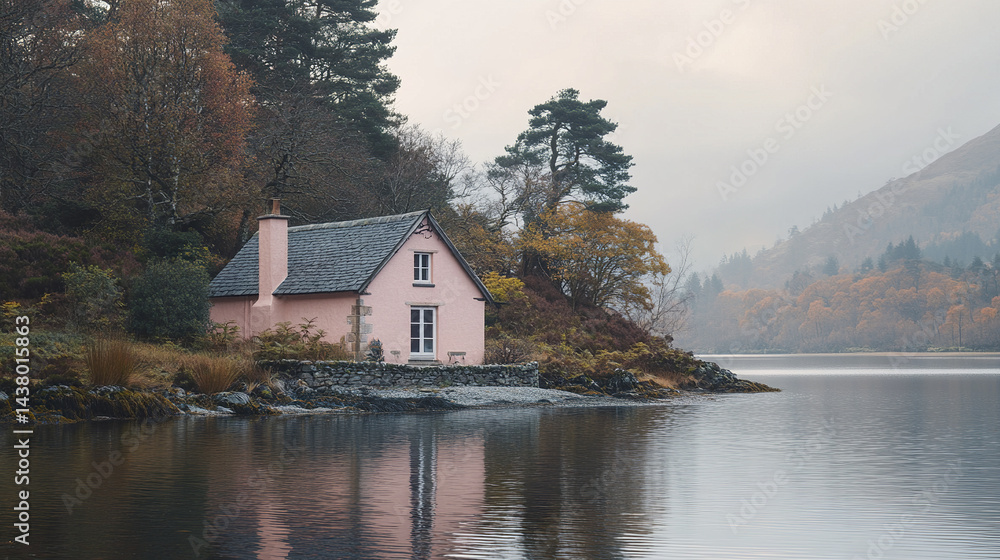 Fototapeta premium serene soft pink cottage by tranquil Loch Glass, surrounded by autumn foliage