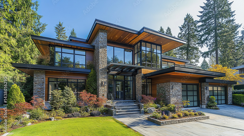 Sophisticated contemporary architecture with stone and wood elements, surrounded by nature Sophisticated contemporary architecture with stone and wood elements, surrounded by nature