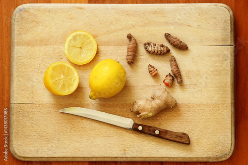 Lemons with ginger and turmeric roots on a wooden chopping board.