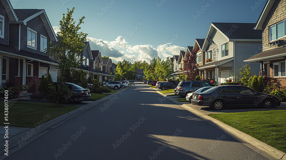 Obraz premium peaceful street in residential area lined with detached homes and parked cars