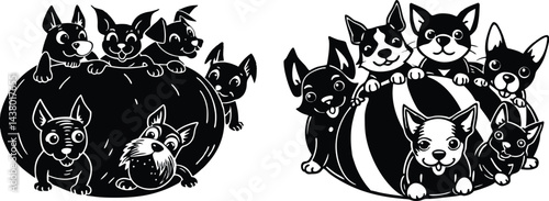 Cute small dogs peeking out from behind a huge ball