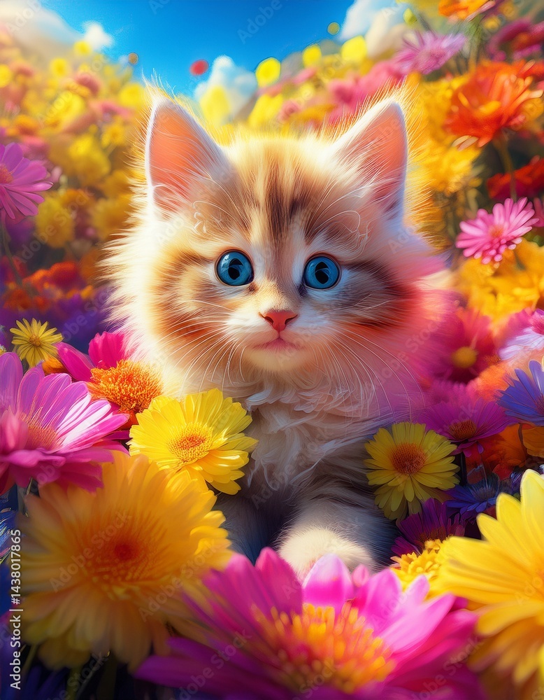 Fototapeta Katzenbaby im bunten Blütenmeer