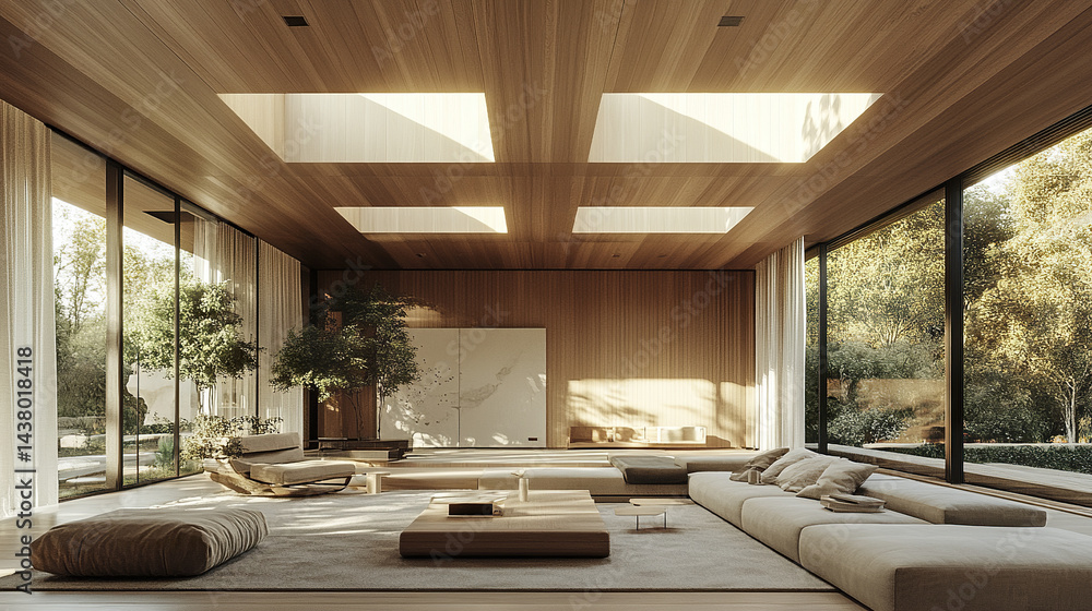 Fototapeta premium Stylish living room with timber ceiling and large windows, creating serene atmosphere