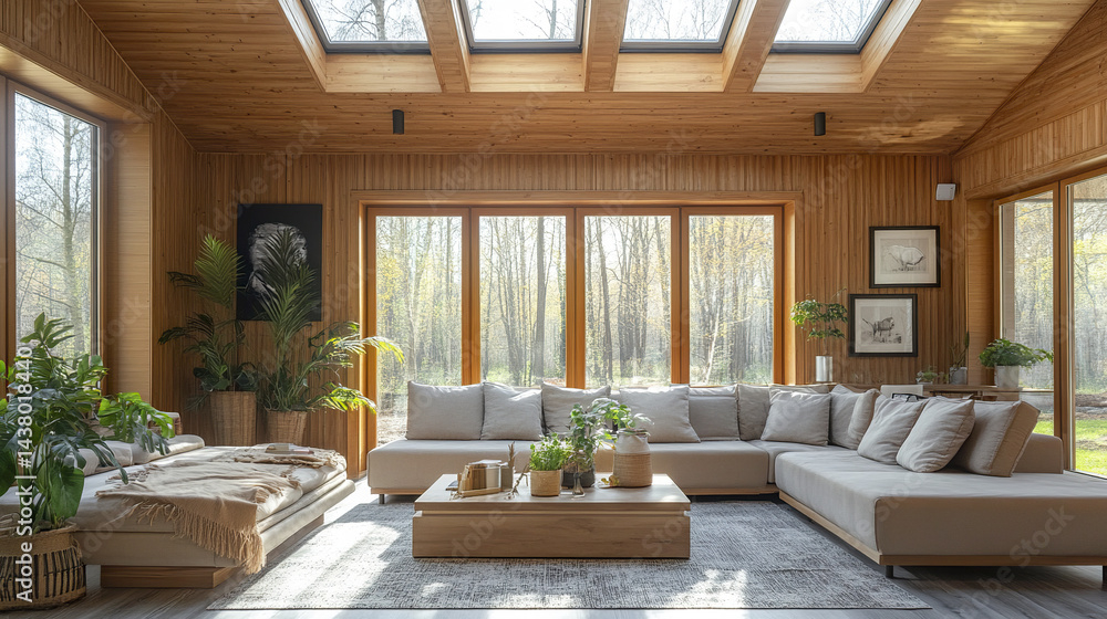 Fototapeta premium Stylish living room with timber ceiling and large windows, filled with natural light