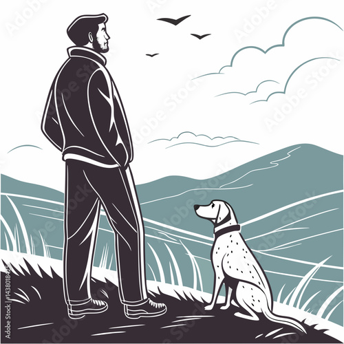 Man Watching His Dog with a Soft, Minimal Background Vector Illustration