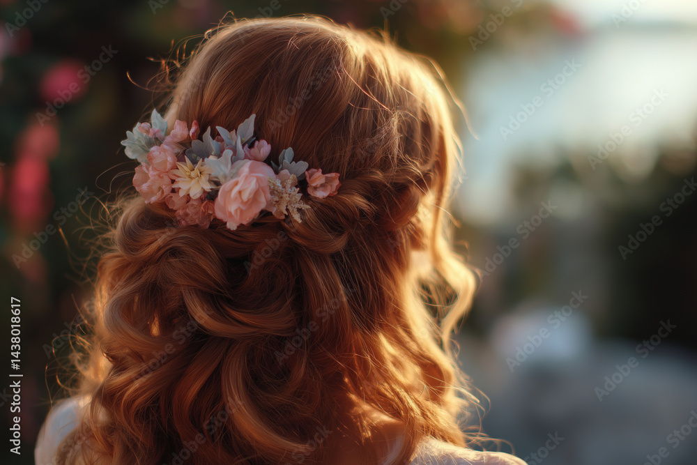 Naklejka premium Bride's delicate hairstyle with soft loose curls and fresh pastel flowers woven into her hair, photographed in golden hour light, romantic and refined style