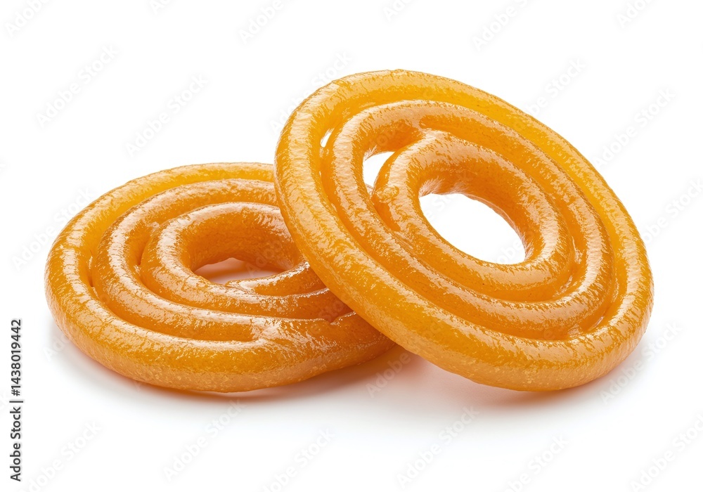 Fototapeta premium Two jalebi sweets, a popular dessert, are displayed isolated on white background