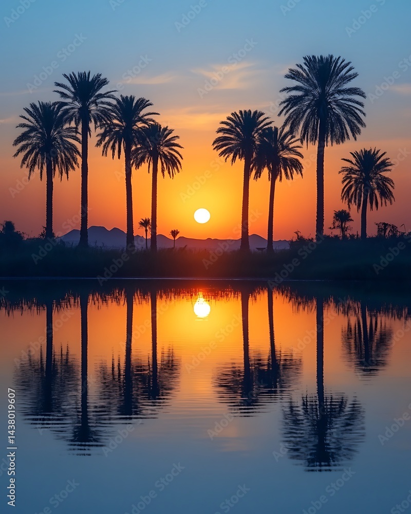 Obraz premium Serene Sunset with Palm Trees and Reflections Over Calm Water