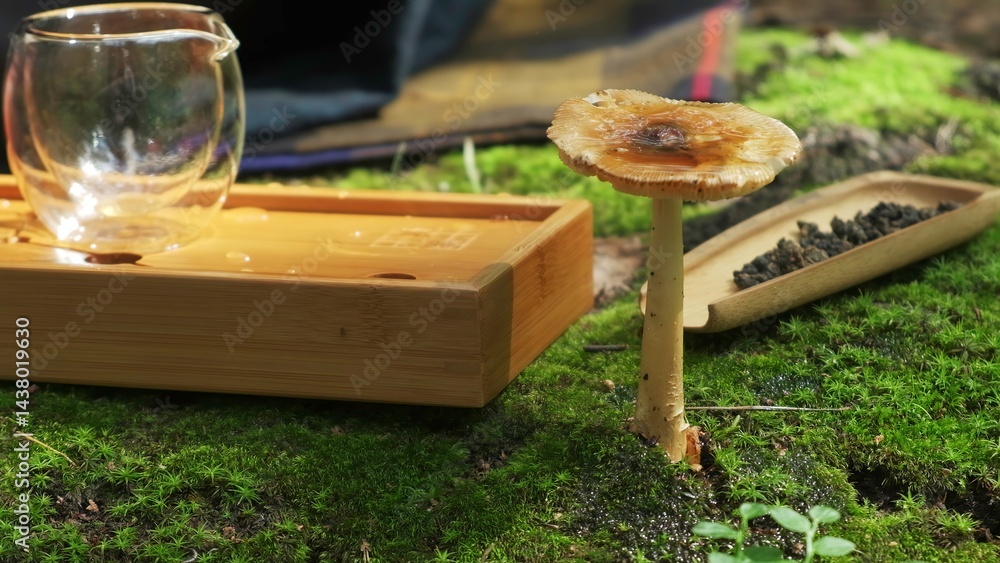Fototapeta premium The video showcases serene nature with mushrooms and a tea cup. Media