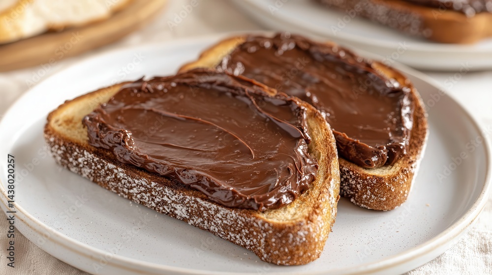 Toasts chocolate spread breakfast Delicious toast with chocolate spread on a white plate. Toasts chocolate spread breakfast Delicious toast with chocolate spread on a white plate.