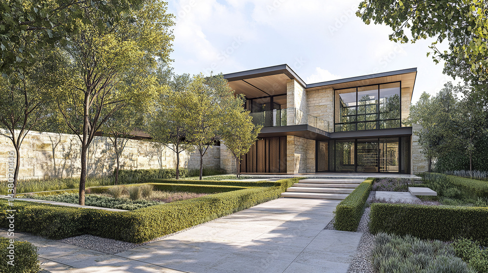 Modern residence with elegant entryway and landscaped garden, showcasing natural beauty Modern residence with elegant entryway and landscaped garden, showcasing natural beauty