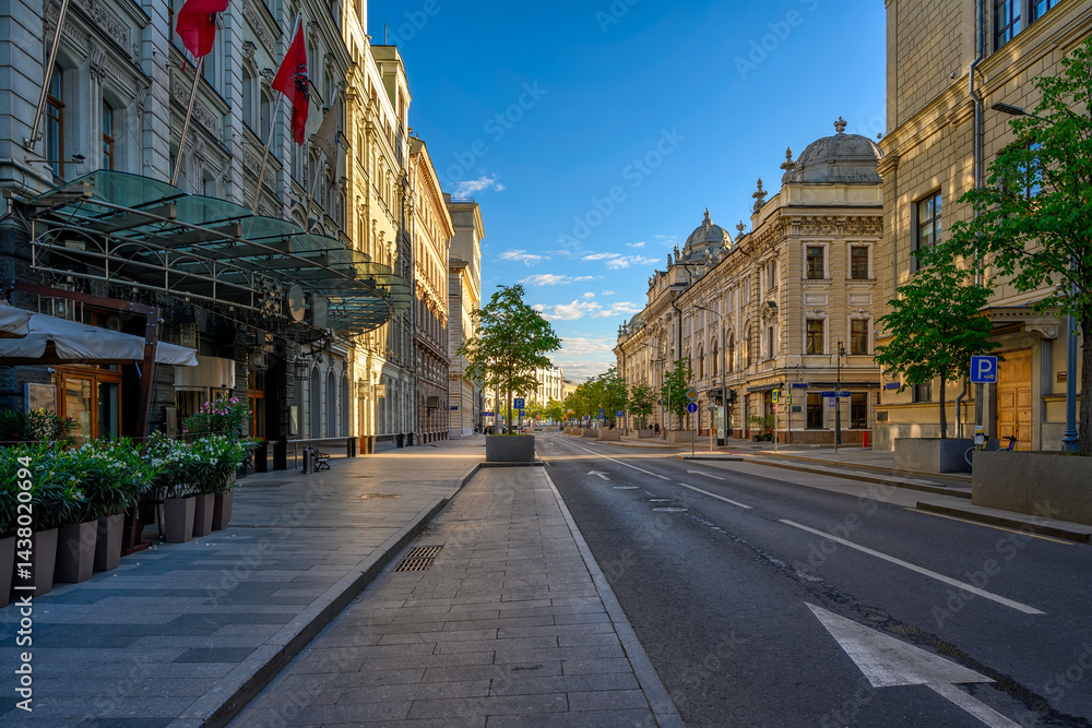 Neglinnaya Street in Moscow, Russia. Architecture and landmarks of Moscow. Cozy cityscape of Moscow
