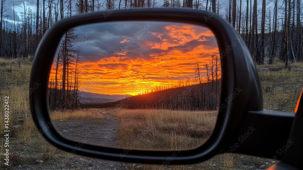 Sunset reflected in car mirror, forest road Sunset reflected in car mirror, forest road