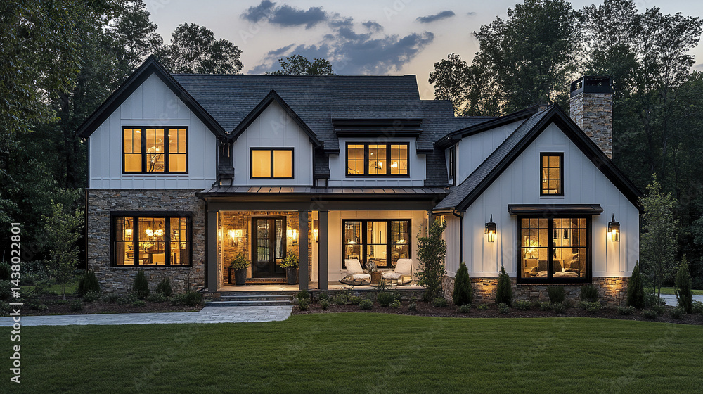 Obraz premium modern farmhouse style home with glowing lights at dusk, surrounded by greenery