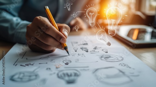 A man's hand holding a pencil, sketching a creative idea on a piece of paper with various lightbulb symbols around.