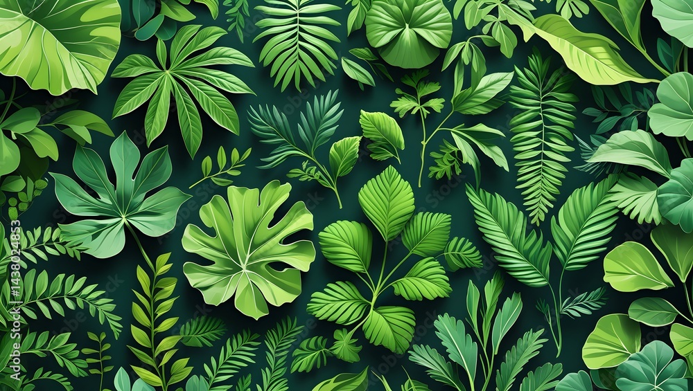 An Assortment of Vibrant Green Leaves in Varied Textures and Shapes An Assortment of Vibrant Green Leaves in Varied Textures and Shapes