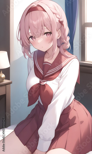 ピンク髪の学生服美少女が室内で照れながら座るアニメイラスト