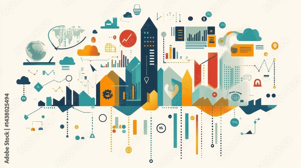 Business-themed background with a stock chart, corporate icons, and economic data, dynamic market trends.