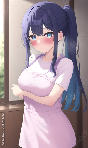 恥ずかしげに佇む青髪エプロン女子のアニメ風イラスト