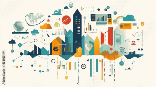 Business-themed background with a stock chart, corporate icons, and economic data, dynamic market trends. 