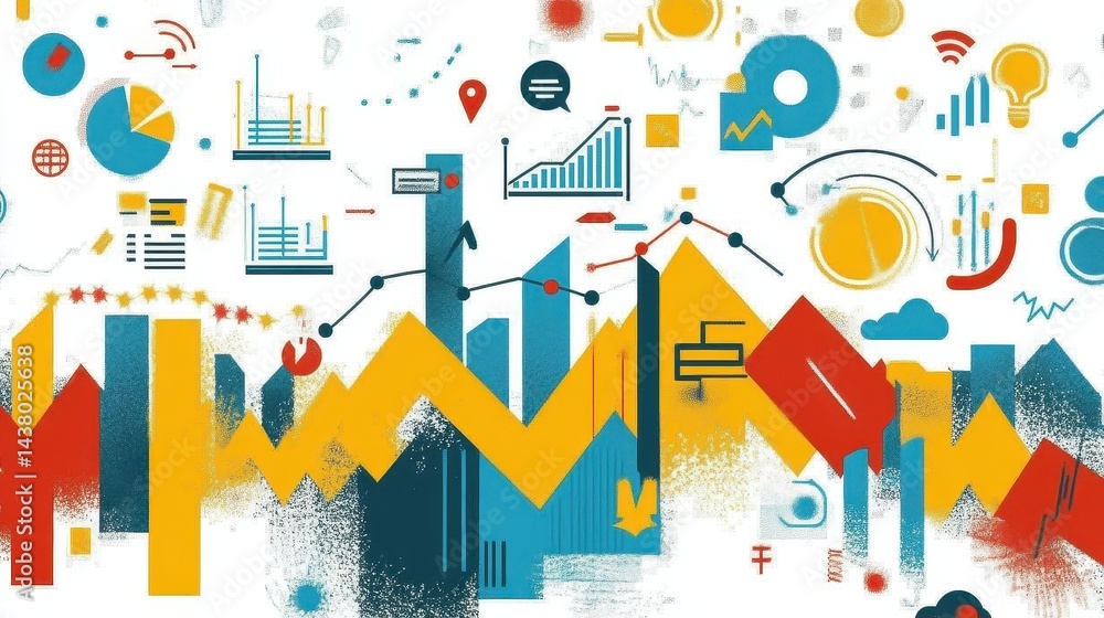 Business-themed background with a stock chart, corporate icons, and economic data, dynamic market trends.