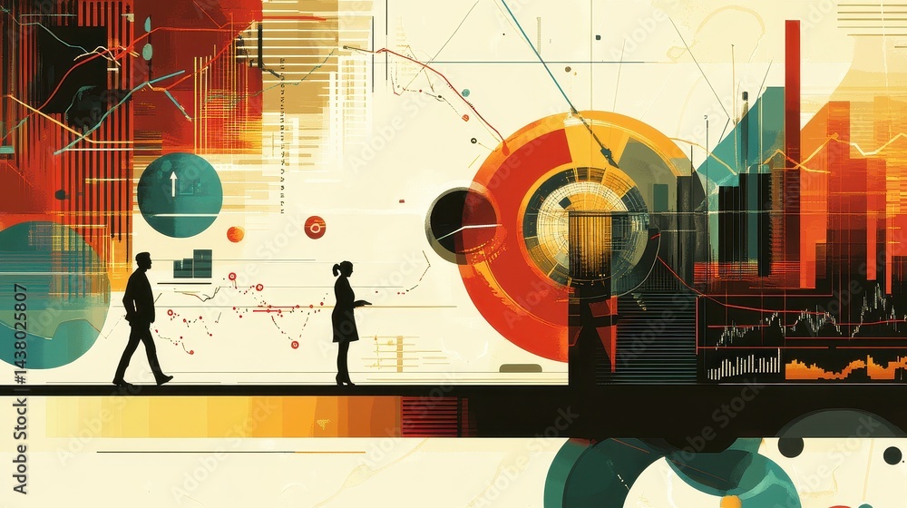 Business-themed background with a stock chart, corporate icons, and economic data, dynamic market trends.