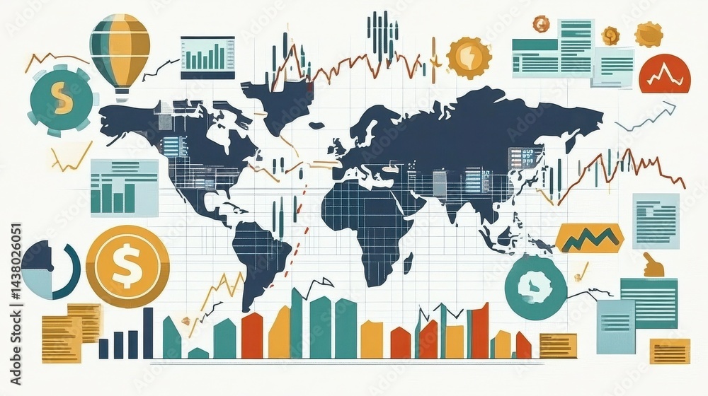 Business-themed background with a stock chart, corporate icons, and economic data, dynamic market trends.