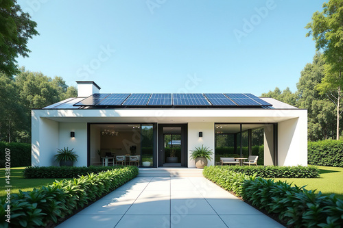 Modern Minimalist House with Solar Panels Surrounded by Lush Greenery Under a Blue Sky Front View with Dramatic Lighting