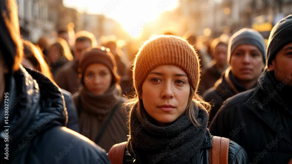 A large crowd dressed in warm jackets and hats stands together against a vibrant sunset backdrop. A large crowd dressed in warm jackets and hats stands together against a vibrant sunset backdrop.