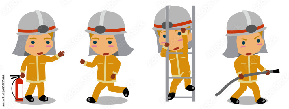 Obraz premium Firefighter in Action Set Cartoon Fireman Character Collection Firefighter Professions and Equipment