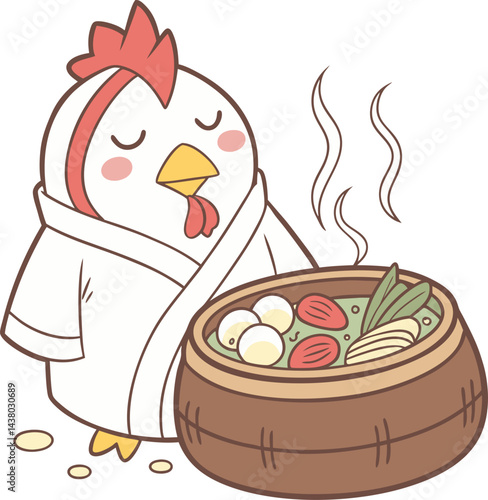 illustration of a cartoon chicken in a earthen pot