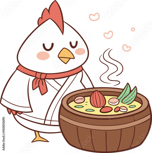 illustration of a cartoon chicken in a earthen pot