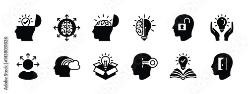 Open minded icon vector set. Containing human head with brain, idea, creativity, innovation, inspiration, imagination, creative, light bulb, thinking, learning, insight. Illustration