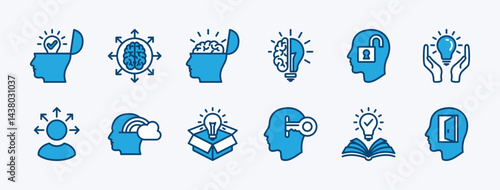 Set of open minded icon vector. Containing human head with brain, idea, creativity, innovation, inspiration, imagination, creative, light bulb, thinking, learning, insight. Illustration