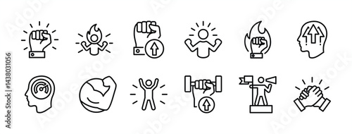Willpower thin line icon set. Containing motivation, confident, human energy, determination, ambition, strong, leadership, hand power, together, spirit, passion. Vector illustration