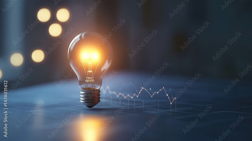 Coin and Light bulb shining over a graph, idea and business growth, 3D illustration.