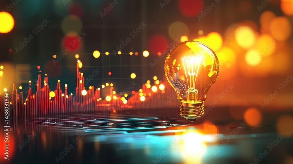 Coin and Light bulb shining over a graph, idea and business growth, 3D illustration.