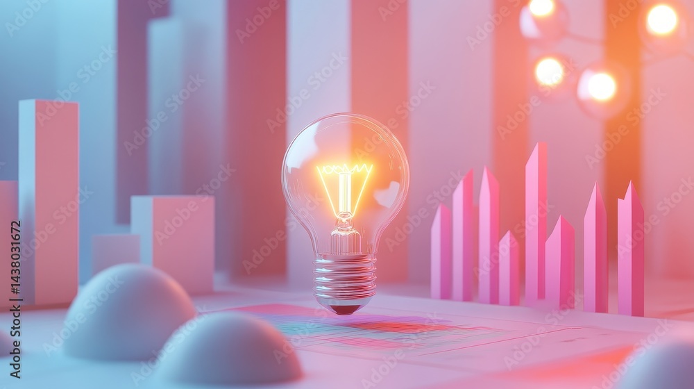 Coin and Light bulb shining over a graph, idea and business growth, 3D illustration.