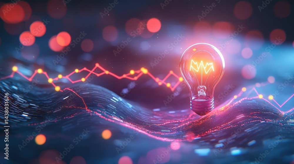 Coin and Light bulb shining over a graph, idea and business growth, 3D illustration.
