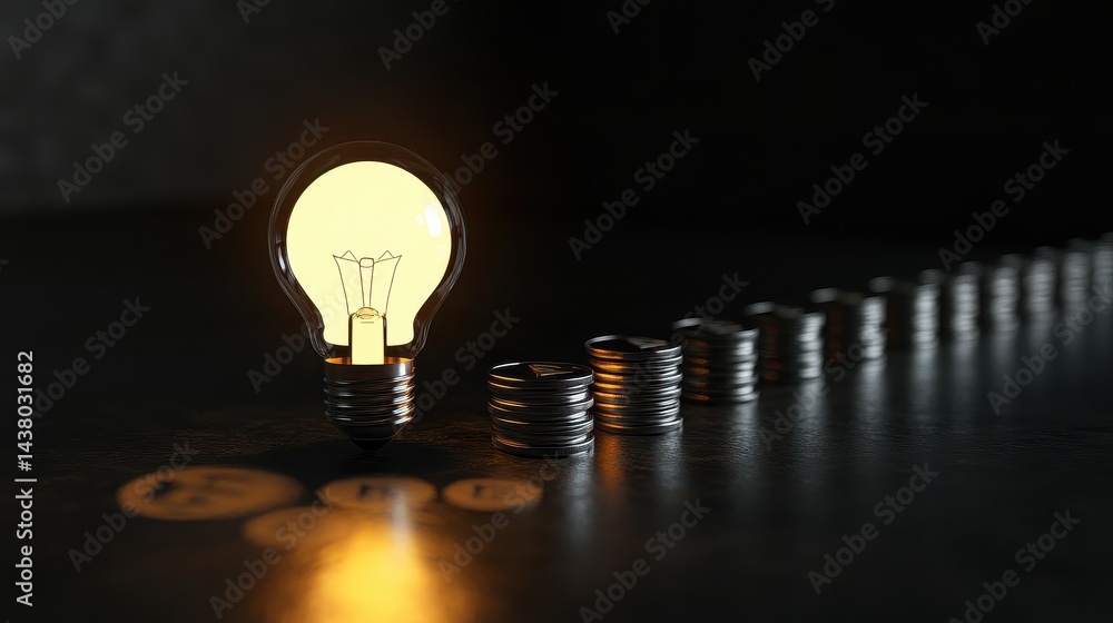 Coin and Light bulb shining over a graph, idea and business growth, 3D illustration.