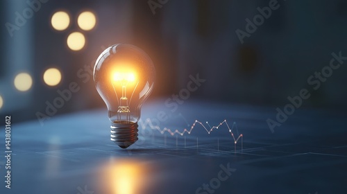 Obraz na płótnie Coin and Light bulb shining over a graph, idea and business growth, 3D illustration. w salonie