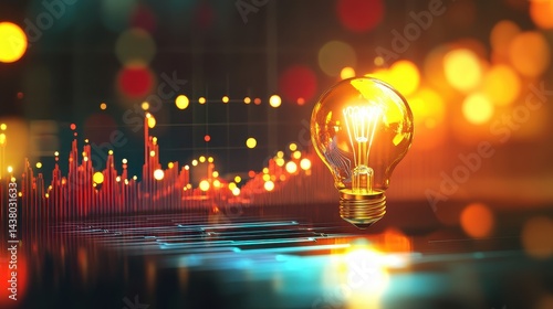 Obraz na płótnie Coin and Light bulb shining over a graph, idea and business growth, 3D illustration. w salonie